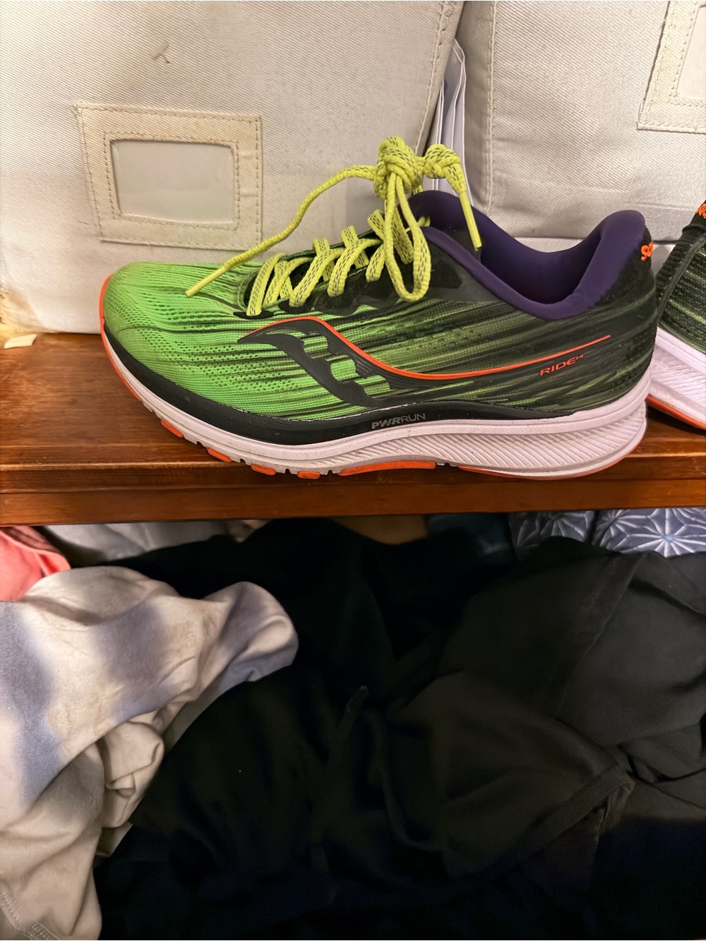 Saucony Ride Running Shoe - Green/Black/ purple. Womens size 5